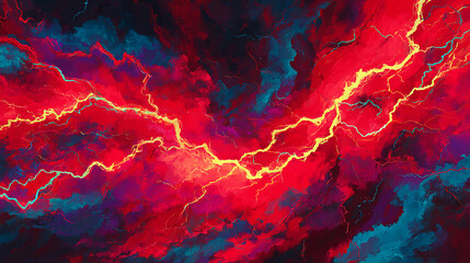Dramatic lightning bolts illuminate a vibrant, swirling stormy sky in vivid colors