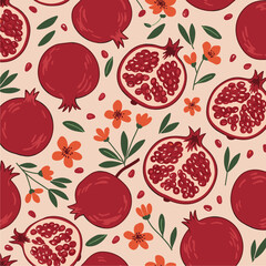 Vibrant Seamless Pomegranate Pattern with Red Fruits, Orange Flowers & Green Leaves