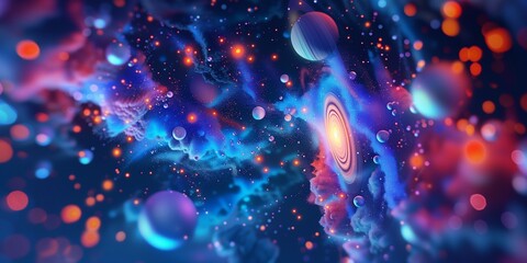 A vibrant and colorful abstract cosmic nebula with swirling pink, blue, and purple gas.

