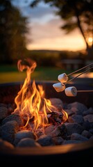 Roasting marshmallows over campfire at sunset, camping fun. Vacations concept