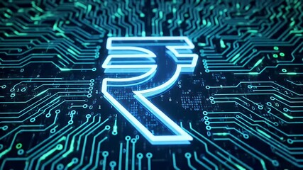 Digital Indian Rupee Symbol Glowing on Futuristic Circuit Board with Binary Code - Powered by Adobe