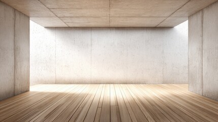 Minimalist Interior Space with Concrete Walls, Wood Floor, and Natural Light, Perfect for Architectural Visualization and Product Mockups