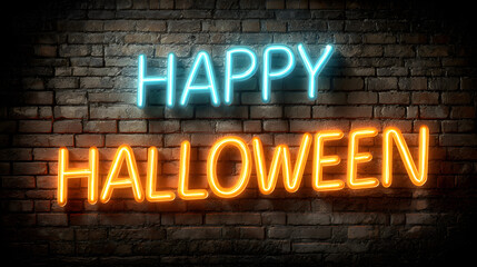 Happy Halloween neon typography on brick wall, split lighting with rim highlights, HDR tone mapped for detail, complementary orange-cyan palette, urban nightlife style