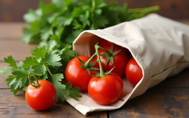 Reusable Fabric Pouch with Tomatoes and Parsley on Earthy Background. High quality
