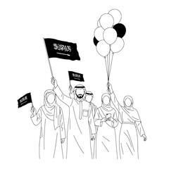 saudi arabia flag, people holding balloons, black and white illustration