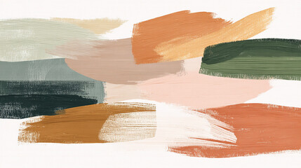 Abstract composition with expressive brush strokes in neutral colors, including shades of brown, green, and peach, creating a modern backdrop