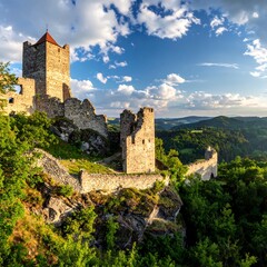 Obraz premium A sunlit vista showcases the weathered towers and ramparts of a historic castle ruin perched atop a rocky hillside, framed by lush greenery and rolling hills below.