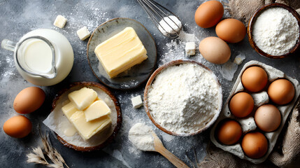 Flat lay of baking ingredients including eggs, butter, flour, and milk on textured surface, evoking sense of culinary creativity and preparation