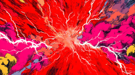 Explosive burst of vibrant colors with lightning strikes and swirling clouds in dynamic background