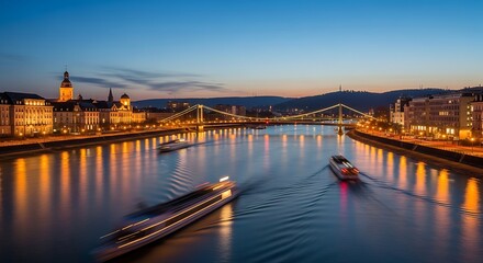 Obraz premium Budapest Cityscape at Night with River Boats.