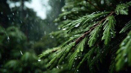 Obraz premium Evergreen branch adornment in the downpour with captivating water droplets
