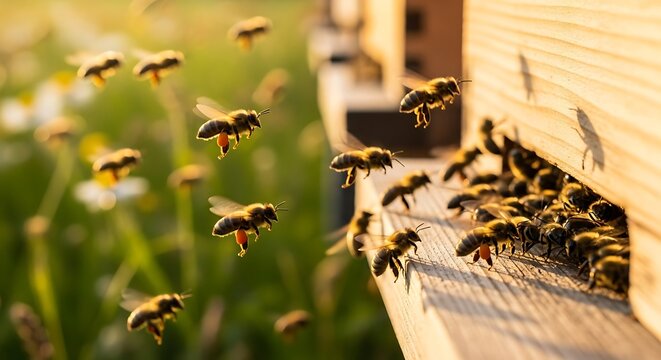 Busy Bees Entering and Leaving Their Hive.