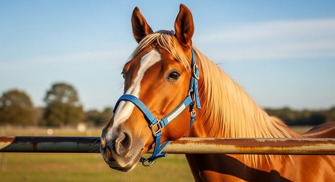 Chestnut Horse in Pasture, Sunny Day.