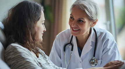 Caring healthcare professional with stethoscope provides compassionate home care to patient, fostering supportive and comforting environment