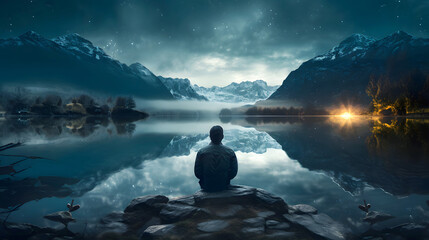 Serene reflection by the lakeside at night with mountains and stars overhead