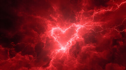 Dramatic red lightning forming a heart shape in a stormy sky with dark clouds