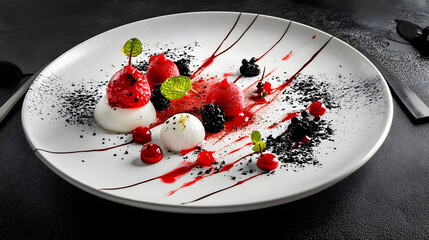 Elegant plate of gourmet dessert with artistic decoration, featuring red and white elements, mint leaves, and black crumb garnish on white plate