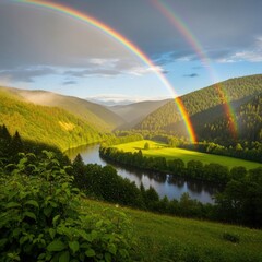 Obraz premium Double rainbow arches over lush green valley with river and forested mountainsides