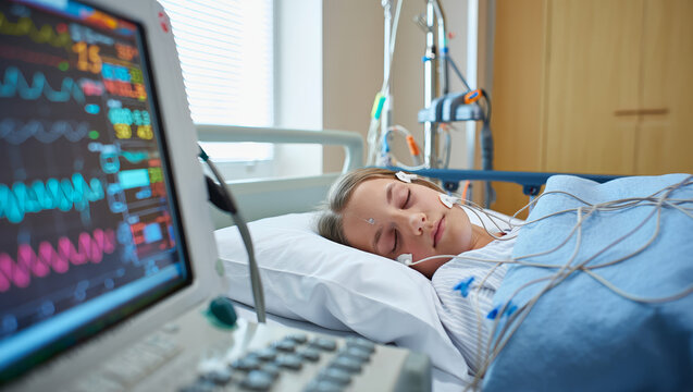 Medical sleep study with patient connected to electrodes and diagnostic devices in hospital bed. Ideal for topics on neurology, healthcare, sleep disorders, and clinical research. AI generated.
