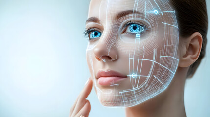 Woman with digital hologram overlay on her face represents futuristic cosmetic technology, focusing on facial analysis and enhancement. image conveys innovation and precision