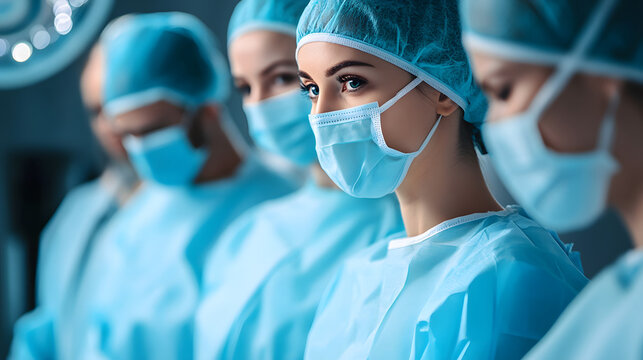 Surgical team in blue scrubs and masks prepares for operation, focusing intently. sterile environment and professional demeanor highlight seriousness of procedure