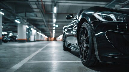 Fototapeta premium Sleek Black Car Parked in Modern Underground Garage, Emphasizing Style and Automotive Excellence