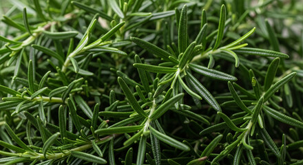 Fototapeta premium Close-up of green rosemary sprigs, showing needle-like leaves and textured surface, representing freshness, herb, cooking, and natural ingredients