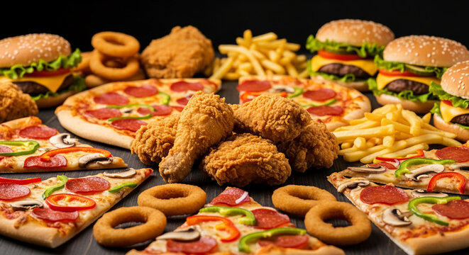 Variety of fast food: pizza slices, fried chicken, burgers, onion rings, and french fries arranged on dark surface, showcasing abundance and indulgence