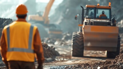 Construction worker in safety vest and helmet standing on construction site with heavy machinery