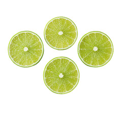Three fresh, pristine lime halves with vibrant green flesh and white pith, arranged symmetrically with sparkling sea salt on a transparent background, macro studio commercial concept