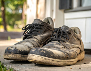 Dirty worn leather shoes outdoors