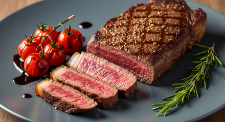 Sliced grilled steak on gray plate, served with roasted cherry tomatoes and rosemary sprig, showcasing a delicious, savory meal, ideal for restaurant menus or culinary websites