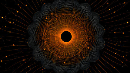 Minimal vector witch hats arranged in radial spiral, symmetrical golden ratio geometry, flat orange lines on matte black, scalable seamless commercial wallpaper