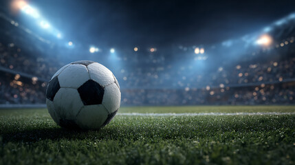 A close-up view of a soccer ball on a vibrant stadium field during an evening match