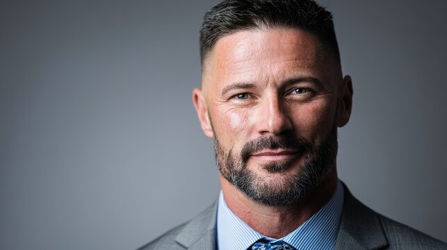 staff. Confident business professional in formal attire, exuding professionalism and approachability in a neutral setting. pitch deck slides.