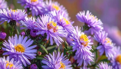 Obraz premium Close-up view of vibrant, lavender-colored flowers, showcasing detailed petals and bright yellow centers, arranged in a dense cluster.