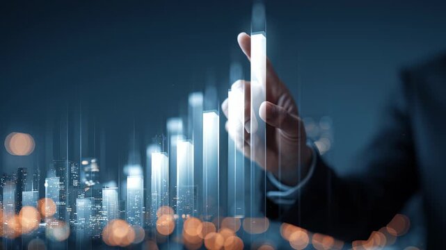 Progress and Growth: A hand delicately points towards a graph illustrating upward momentum, set against a backdrop of blurred cityscape lights, conveying concepts of advancement and trajectory. 