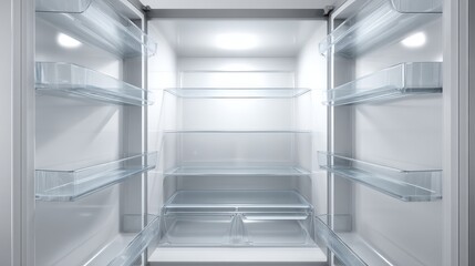 Clean Empty Refrigerator Interior with Glass Shelves, Door Storage, and Bright Lighting for Food Storage