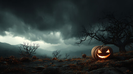 Spooky Halloween Landscape with Glowing Pumpkin, Dark Clouds, and Barren Trees at Dusk