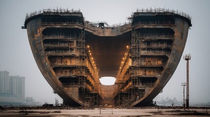 Obraz premium Gigantic Ship Under Construction in a Dry Dock, Showing Complex Scaffolding and Hull Structure, Maritime Engineering