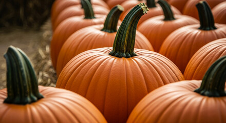 Close-up of orange pumpkins, showcasing ribbed texture and green stems, representing autumn harvest, Thanksgiving, fall season, and Halloween