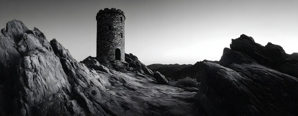 Haunted watchtower silhouetted at dusk, low-key dramatic lighting, wide-angle panoramic scope, monochromatic gray tones, rough stone finish