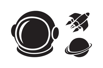 Astronaut helmet rocket and planet silhouette icons