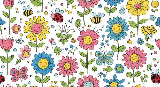 Cheerful Garden Illustration with Flowers and Insects.
