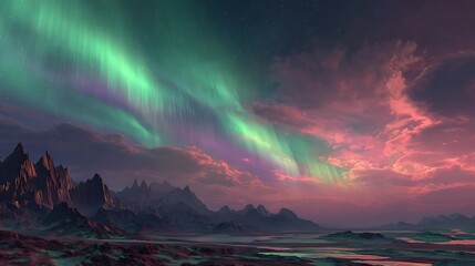 Enchanting Aurora Borealis dances across a surreal, alien landscape with vibrant hues of green and purple