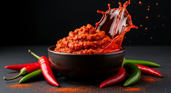 Spicy red chili paste in dark bowl, red and green chili peppers around, sauce splash, dark background, showcasing vibrant food photography, ideal for culinary blogs or recipes