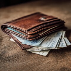 A worn leather wallet filled with cash sits on a rustic wooden table surface