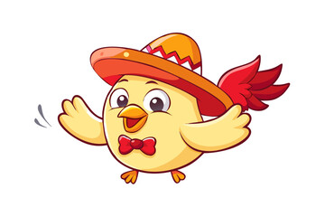 Obraz premium Happy cartoon chick wearing a sombrero and bowtie, waving