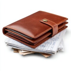 Brown leather wallet resting on a stack of documents and cash on a white background