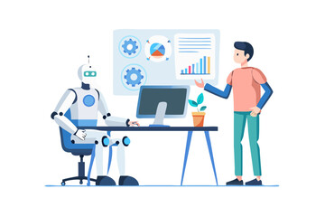 Fototapeta premium Robot and man analyzing data on computer screen